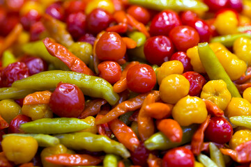 Closeup of stack of peppers seasoned in vinegar on super market 