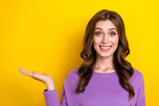 Photo of cute excited lady wear purple jumper wavy brown hair toothy beaming smile hold arm mockup promo isolated on bright yellow color background