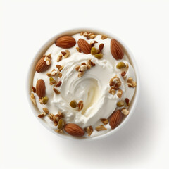 Fototapeta na wymiar Greek yogurt, nuts, white background, food, breakfast, snack, healthy eating
