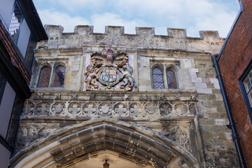 Obraz premium Architectural detail of the North Gate, or also known as High Street Gate, in the city of Salisbury in Wiltshire, UK.