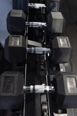 Strength training dumbbell stand in fitness gym. Fitness gym equipment. Fitness gym workout