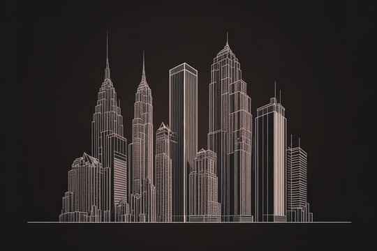 Conceptual Ai Generated Image (not actual) - Continuous one line painting of a modern metropolis. A view of the architecture of Metropolis. Skyscrapers in New York, hand drawn in shadow.
