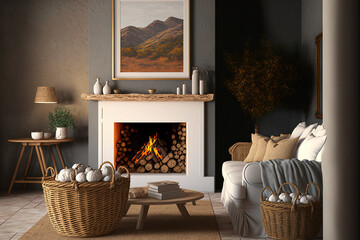 Cozy living room with white fireplace and wicker baskets holding firewood. Generative AI