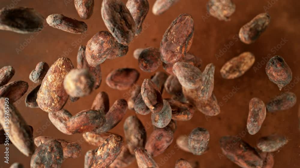Poster Super slow motion of rotating cocoa beans and powder. Filmed on high speed cinema camera, 1000 fps placed on high speed cine bot.  Camera moving up with rotation.