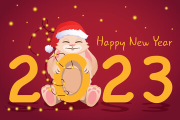 2023 Happy Chinese New Year background design. The rabbit holds a figurine entwined with garlands. Postcard, banner, poster. Vector illustration.