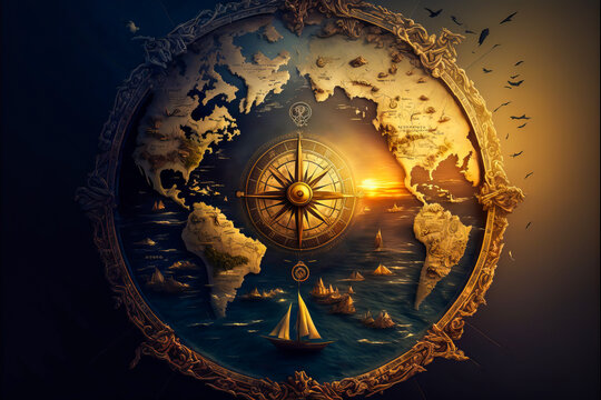 An ancient world map combining elegance and erudition, this image offers a view of a sunset over the ocean perfect to enrich any design. In an antique compass.