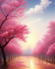 Cherry blossom spring scenery, sakura, petals fall, cityscape, public garden