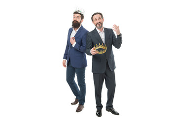 With dignity and pride. Proud businessmen isolated on white. Business partners with crowns. Pride...