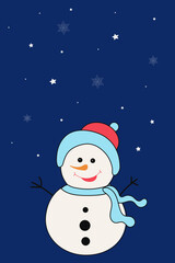 Funny cute snowman on a dark background with white snowflakes. postcard, banner, illustration. vector