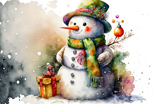 Christmas and New Year decorations in watercolor. Snowman wearing a stocking for Christmas. Generative AI