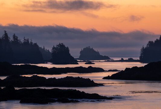 Stunning morning light on Vancouver Island with silhouette islands