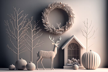 Christmas composition in contemporary home design with lovely decorations, including a tree and wreath, deer, gifts, and accessories. template. Generative AI