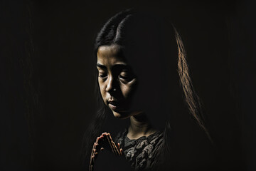 christian catholic lady praying to god in the dark at church prayer person hand in black backdrop girl belief and trust in jesus christ. Generative AI