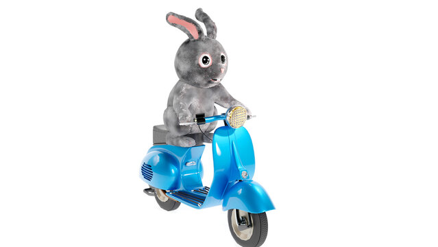 3d image, 3d render of a gray cartoon rabbit on a blue motor scooter isolated on a white background.