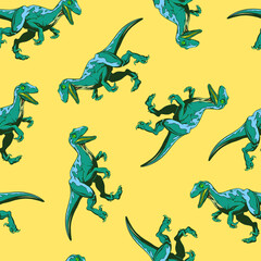 Fototapeta premium Bright pattern of raptors on a yellow background in the style of hand-drawn for printing and design. Vector illustration.