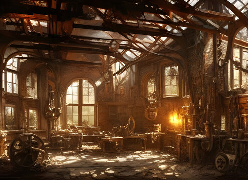 Painting of an old rural blacksmith's workshop, complete with a lit forge, anvil, and various tools scattered about. In an old building with large windows. generative ai illustration