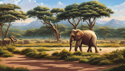 Beautiful elephant in its natural habitat on the savannah of Africa. The elephant is surrounded by tall grasses and the warm, golden hues of the setting sun. Generative AI