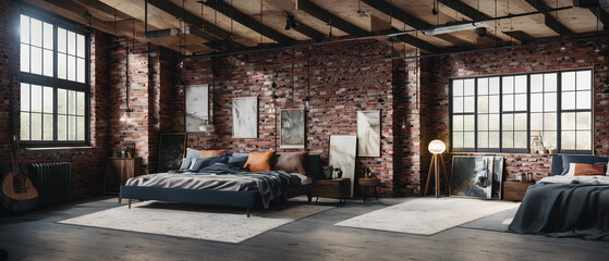 Bedroom with a loft-style atmosphere and brick walls. The room is spacious and open, with high ceilings and large windows that allow natural light to flood in. - obrazy, fototapety, plakaty