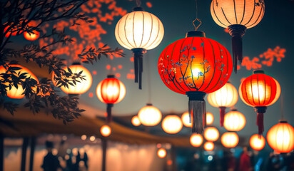 Chinese red lantern in the night of Chinese New Year of happiness	 - obrazy, fototapety, plakaty