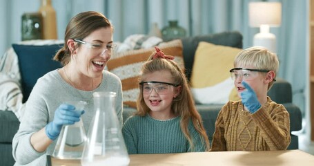 Mother, children and science experiment, happy smile and learning in home, smoke and education in homeschool. Family, boy, girl with mother, goggles and glove for scientific project, teaching in home