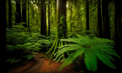 Fototapeta na wymiar Mysterious mystical mossy forest with amazing redwoods. panoramic natural scenery for mysterious background 