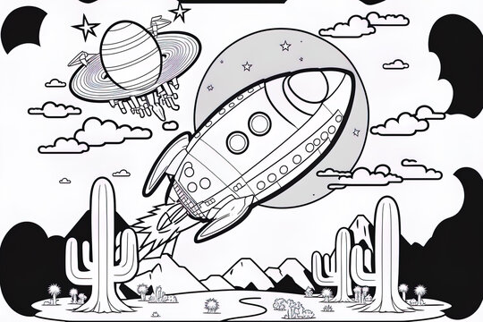 Coloring Sheet Of A UFO And A Rocket Ship In Space. Generative AI