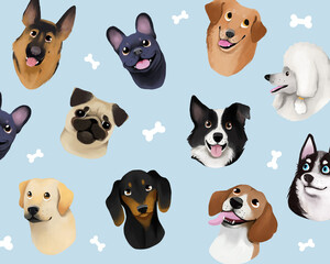 Illustrations of dogs. Full bodies and headshots.