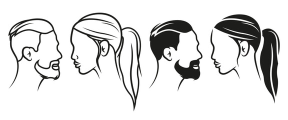 Vector minimal logo icon of man and woman, man head woman head, hair, hairstyle - side - Barbershop logo	

