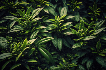 Obraz premium Buds and leaves from green tea. AM green tea plantations. Generative AI