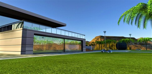 A stunning futuristic villa built on the wonderful green lawn in the mountains region. 3d rendering.