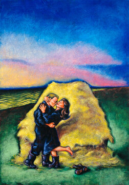 Illustration of Couple Kissing by Hay Stack