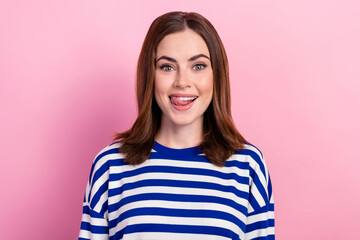 Close up photo of adorable cute lovely lady wear stylish clothes waiting her delicious dinner meal isolated on pink color background