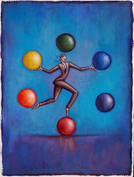 Illustration of Businessman Balancing and Juggling Balls, while Blindfolded
