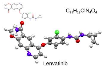 Chemical formula, skeletal formula and 3D ball-and-stick model of a chemotherapeutic drug lenvatinib