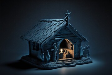Nativity scene. Christian Christmas concept. Birth of Jesus Christ. Wooden manger in dark blue night. Banner, copy space. Jesus is reason for season. Salvation, Messiah, Emmanuel, God with us, hope