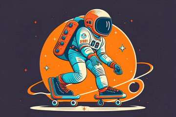 Fototapeta premium Cartoon icon image of an astronaut skating on roller skates. Science and athletics symbol concept, quality illustration in flat cartoon style. Generative AI