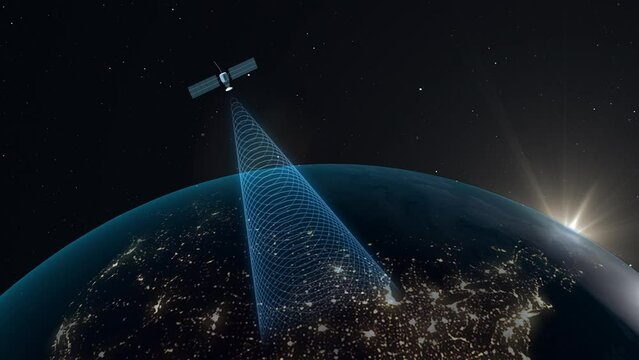 Artificial satellite in Earth orbit receives and transmits a digital signal to the surface of the night planet. Visualization of GPS signal, global internet, international communication. 3D rendering