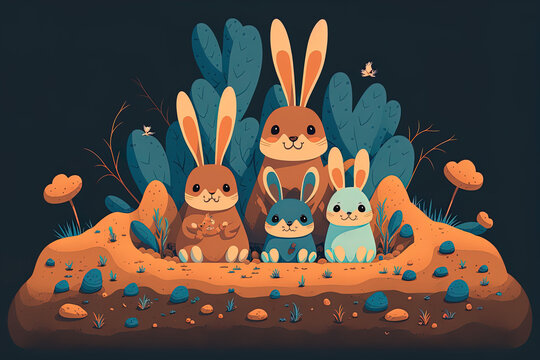 Cartoon flat image of a rabbit family living underground in burrows. Carrots are gathered underground by bunnies. Happy dirt and earth creatures. adorable bunnies in burrows. Generative AI