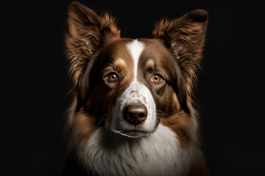 Cute brown and white border collie dog on black background, generative ai