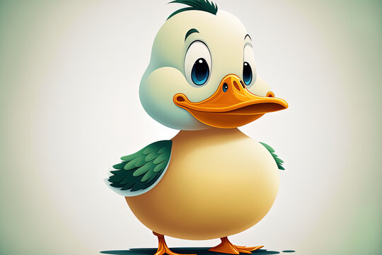 Cartoon duck with a cute face on a white backdrop. Generative AI