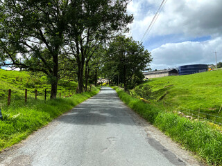 View along, Marl Hill Lane, with, fields, trees, and farmhouses, on a cloudy day in, Lothersdale, Keighley, UK
