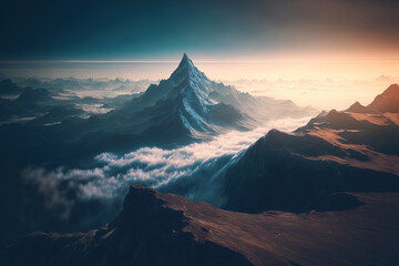 Naklejka premium Beautiful photo of a mountain in the distance taken from a mountaintop above the clouds. Generative AI