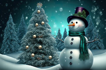 Obraz premium Background with Christmas tree and snowman for holiday party or company promotion. Generative AI