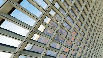 office building facade concrete skyscraper city perspective wide angle view 3D illustration