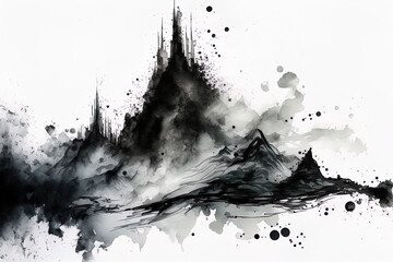 Fototapeta premium Black and gray ink smudges in watercolor on a white background. Generative AI