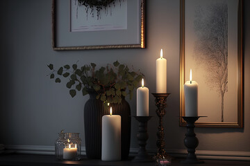 Beautiful candles lighting within a home decorated in the Scandinavian style. Generative AI