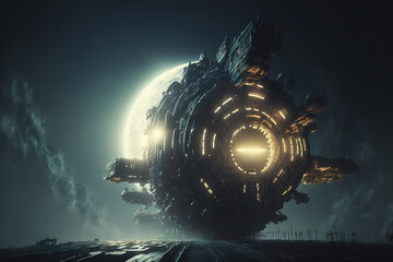 A huge alien futuristic megastructure spaceship on a planet with a moon behind it, created with Generative AI