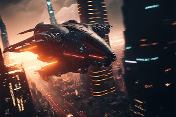 A spaceship jet flying over a futuristic city at sunset, created with Generative AI