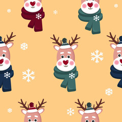 Obraz na płótnie Canvas yellow seamless pattern with christmas faces deers with red green blue scarf