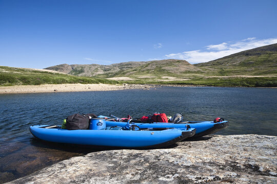 Canoes on Shore of Soper River, Katannilik Territorial Park Reserve, Baffin Island, Nunavut, Canada